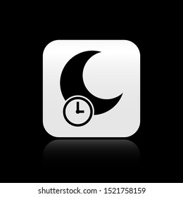 Black Sleeping moon icon isolated on black background. Silver square button. Vector Illustration