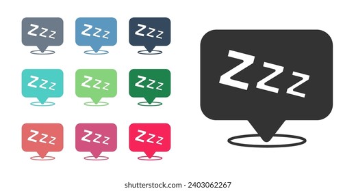Black Sleepy icon isolated on white background. Sleepy zzz talk bubble. Set icons colorful. Vector