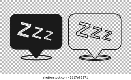 Black Sleepy icon isolated on transparent background. Sleepy zzz talk bubble.  Vector
