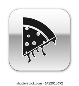 Black Slice of pizza icon isolated on white background. Silver square button. Vector Illustration