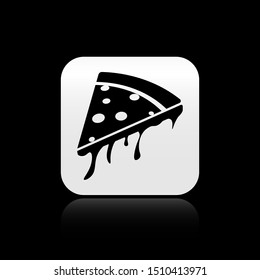 Black Slice of pizza icon isolated on black background. Silver square button. Vector Illustration