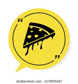 Black Slice of pizza icon isolated on white background. Yellow speech bubble symbol. Vector Illustration