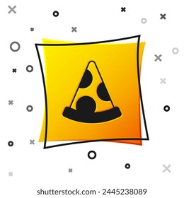 Black Slice of pizza icon isolated on white background. Fast food menu. Yellow square button. Vector
