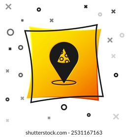 Rebanada negra del icono de la pizza aislado en el fondo blanco. Comida rápida. Botón cuadrado amarillo. Vector