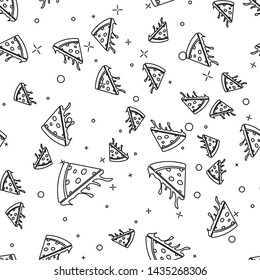 Black Slice of pizza line icon isolated seamless pattern on white background. Vector Illustration