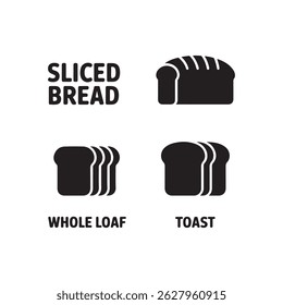 Pão Fatiado Preto, Pão Inteiro e Silhuetas de Torrada Clipart - Conjunto de Vetor de Alimentos Simples

