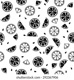 Limones negros en rodajas o naranjas con semillas esparcidas en fondo blanco. Patrón vectorial transparente con cítricos.