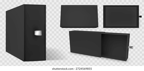 Schwarze Schublade Schublade Box mit mockup quadratische Geschenkhülse in Luxus-Verpackung. 3D-Kartonhülle mit realistischer Draufsicht für die Unternehmenspräsentation. Vektor-isolierte Schablone für Schmuckprodukte.