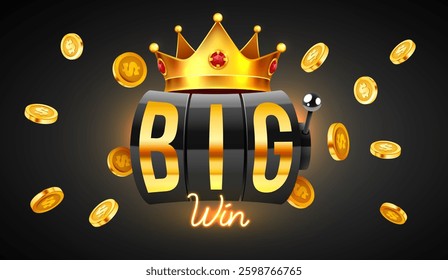 Black slot machine with crown wins the jackpot. 777 Big win concept. Casino jackpot. Vector illustration