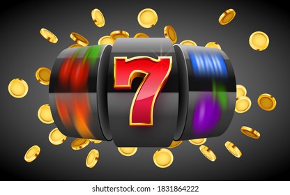 Black slot machine with flying golden coins wins the jackpot. Big win concept. Vector illustration