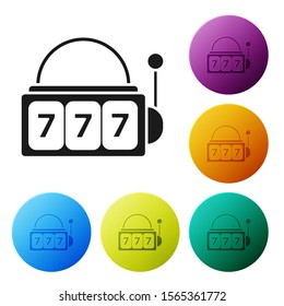 Black Slot machine with lucky sevens jackpot icon isolated on white background. Set icons colorful circle buttons. Vector Illustration