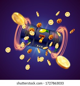 The black slot machine wins the jackpot 777 on the background of an explosion of coins. Vector illustration