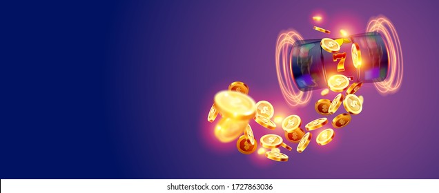 The black slot machine wins the jackpot 777 on the background of an explosion of coins. Vector illustration