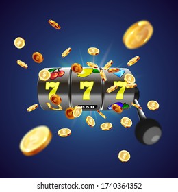 The black slot machine wins the jackpot 777 on the background of an explosion of coins. Vector illustration