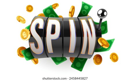 Black slot machine wins the jackpot. Spin. Casino jackpot. Vector illustration