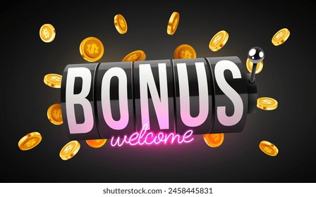 Black slot machine wins the jackpot. 777 Welcome bonus. Casino jackpot. Vector illustration