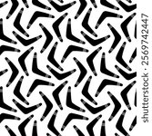 Black small boomerangs isolated on white background. Monochrome seamless pattern. Vector simple flat graphic illustration. Texture.