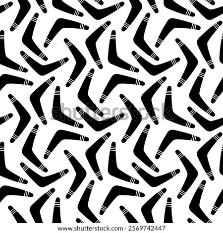 Black small boomerangs isolated on white background. Monochrome seamless pattern. Vector simple flat graphic illustration. Texture.