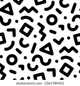 Schwarze, kleine, lineare geometrische Formen einzeln auf weißem Hintergrund. Monochrome nahtlose Muster. Vektorgrafik, einfache flache Grafik. Textur.