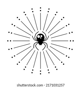 Black small spider on spiderweb boho flat vector design.