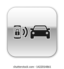 Black Smart car alarm system icon isolated on white background. The smartphone controls the car security on the wireless. Silver square button. Vector Illustration
