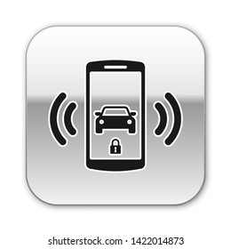 Black Smart car alarm system icon isolated on white background. The smartphone controls the car security on the wireless. Silver square button. Vector Illustration
