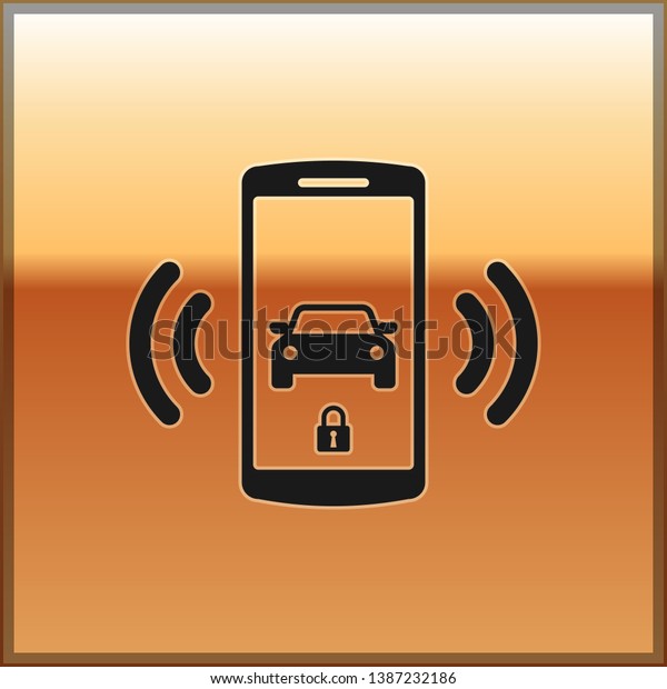 Black Smart car alarm system icon isolated\
on gold background. The smartphone controls the car security on the\
wireless. Vector\
Illustration