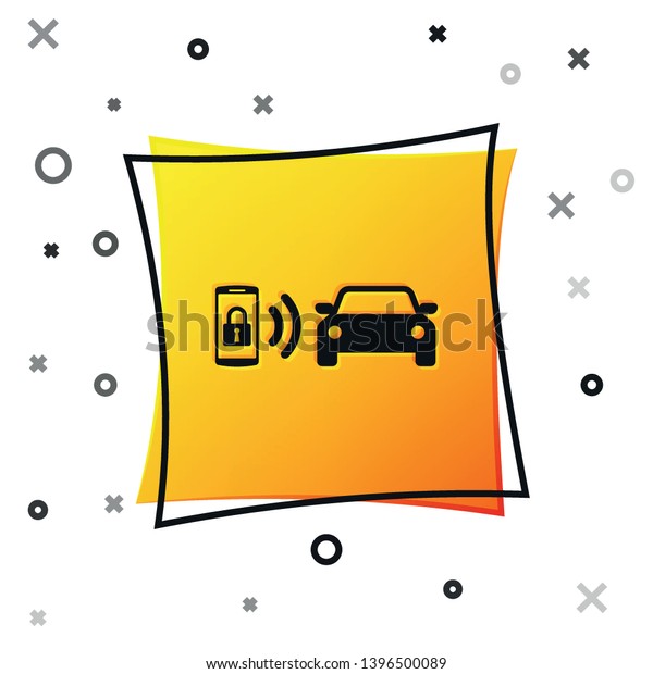 Black Smart car alarm system\
icon isolated on white background. The smartphone controls the car\
security on the wireless. Yellow square button. Vector\
Illustration