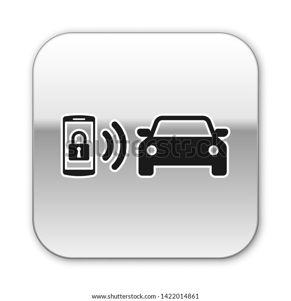 Black Smart car alarm system
icon isolated on white background. The smartphone controls the car
security on the wireless. Silver square button. Vector
Illustration