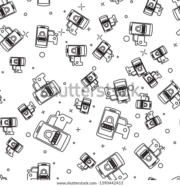 Black Smart car security\
system icon isolated seamless pattern on white background. The\
smartphone controls the car security on the wireless. Vector\
Illustration