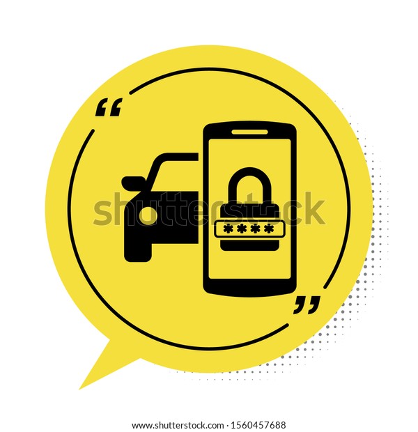 Black Smart car\
security system icon isolated on white background. The smartphone\
controls the car security on the wireless. Yellow speech bubble\
symbol. Vector\
Illustration