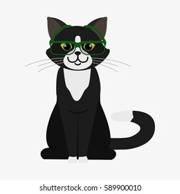 Black smart cat in glasses. Cartoon character. Domestic animal. Flat vector stock illustration