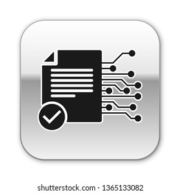 Black Smart contract icon isolated on white background. Blockchain technology, cryptocurrency mining, bitcoin, altcoins, digital money market. Silver square button. Vector Illustration