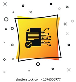 Black Smart contract icon isolated on white background. Blockchain technology, cryptocurrency mining, bitcoin, altcoins, digital money market. Yellow square button. Vector Illustration