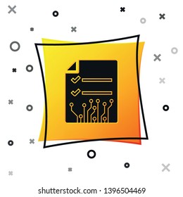 Black Smart contract icon isolated on white background. Blockchain technology, cryptocurrency mining, bitcoin, altcoins, digital money market. Yellow square button. Vector Illustration