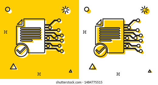 Black Smart contract icon isolated on yellow and white background. Blockchain technology, cryptocurrency mining, bitcoin, altcoins, digital money market. Random dynamic shapes. Vector Illustration