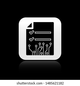 Black Smart contract icon isolated on black background. Blockchain technology, cryptocurrency mining, bitcoin, altcoins, digital money market. Silver square button. Vector Illustration