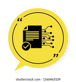 Black Smart contract icon isolated on white background. Blockchain technology, cryptocurrency mining, bitcoin, altcoins, digital money market. Yellow speech bubble symbol. Vector Illustration