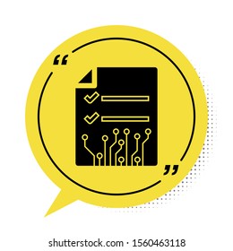 Black Smart contract icon isolated on white background. Blockchain technology, cryptocurrency mining, bitcoin, altcoins, digital money market. Yellow speech bubble symbol. Vector Illustration