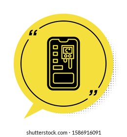 Black Smart control farming system mobile application icon isolated on white background. Yellow speech bubble symbol. Vector Illustration