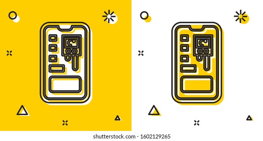 Black Smart control farming system mobile application icon isolated on yellow and white background. Random dynamic shapes. Vector Illustration