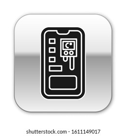 Black Smart control farming system mobile application icon isolated on white background. Silver square button. Vector Illustration