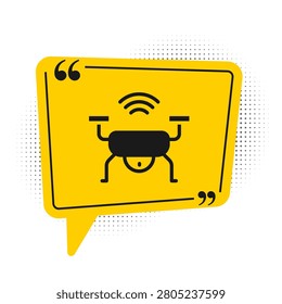 Black Smart drone system icon isolated on white background. Quadrocopter with video and photo camera symbol. Yellow speech bubble symbol. Vector