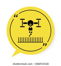 Black Smart farm with drone control for seed planting icon isolated on white background. Innovation technology for agricultural company. Yellow speech bubble symbol. Vector Illustration