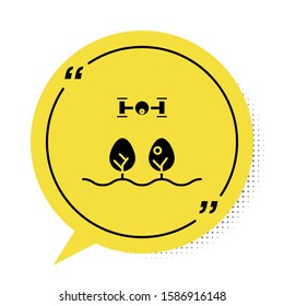 Black Smart farm with drone control and tree icon isolated on white background. Innovation technology for agricultural company. Yellow speech bubble symbol. Vector Illustration