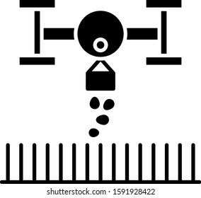 Black Smart farm with drone control for seed planting icon isolated on white background. Innovation technology for agricultural company.  Vector Illustration