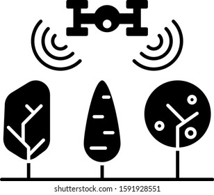 Black Smart farm with drone control and tree icon isolated on white background. Innovation technology for agricultural company.  Vector Illustration
