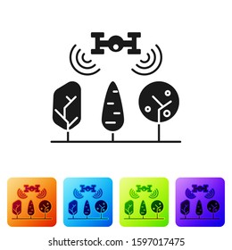 Black Smart farm with drone control and tree icon isolated on white background. Innovation technology for agricultural company. Set icons in color square buttons. Vector Illustration