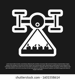Black Smart farm with drone control collects harvest icon isolated on black background. Innovation technology for agricultural company.  Vector Illustration