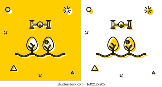 Black Smart farm with drone control and tree icon isolated on yellow and white background. Innovation technology for agricultural company. Random dynamic shapes. Vector Illustration